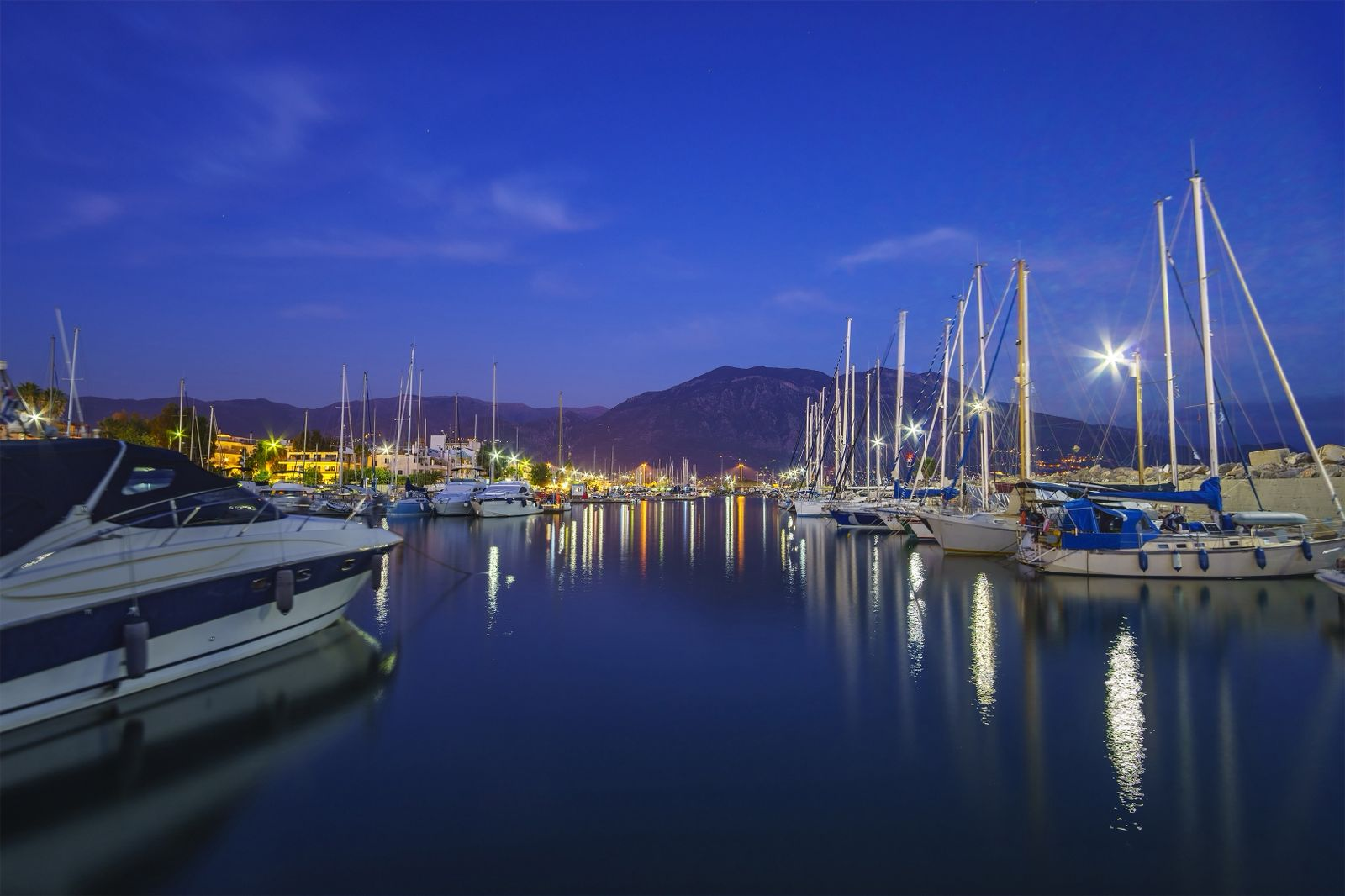 Kalamata Marina at blue hour with sailboats
